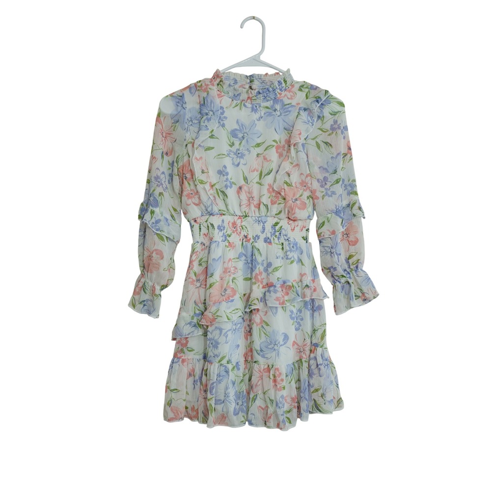 Rare Editions Girls Size 12 Floral Chiffon Ruffle Dress Pastel Blue Pink White